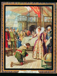 Königin Elisabeth I. schlägt Francis Drake zum Ritter, Illustration aus 