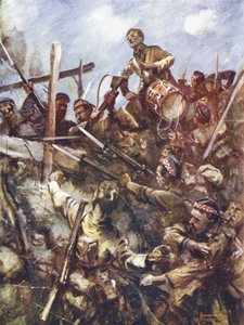 Trommler Walter Ritchie steht auf dem Feindeswall, um den Angriff zu signalisieren, unter schwerem Maschinengewehrfeuer und Bombenangriffen, Beaumont Hamel, Frankreich, 1. Juli 1916 von Howard K. Elcock