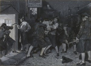 Im Zeichen des Greifen, Zeichnung für eine Illustration zu dem Artikel „Alte Kaffeehäuser New Yorks“ von John Austin Stevens von Howard Pyle