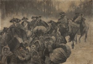 Fünf rot gekleidete Soldaten zu Pferd, mit einem weiteren bis zu den Augen verhüllten...um diese scharen sich ein buntes Dutzend armer Leute, jung und alt