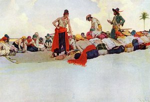 Aufteilung des Schatzes unter den Piraten, die im Kreis versammelt sind. Illustration aus „Book of Pirates Buccaneers and Marooners of the Spanish Main“ von Howard Pyle (1853-1911), amerikanischer Illustrator