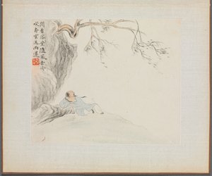 Album mit Landschaftsmalereien, die alte Gedichte illustrieren: Ein Mann lehnt sich unter einem überhängenden Ast zurück von Hua Yan