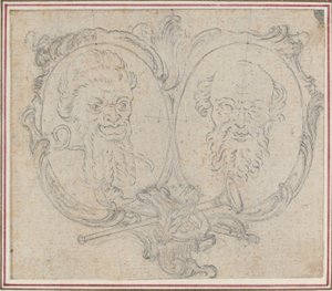 Doppeltes Kartusche mit zwei Köpfen und Symbolen von Ruhm und Torheit von Hubert Francois Gravelot