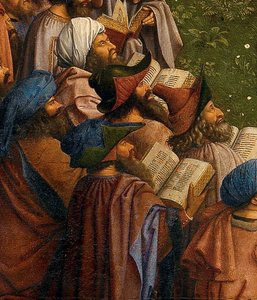 Detail der Anbetung des mystischen Lammes, untere Hälfte des zentralen Panels des Genter Altars