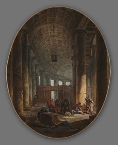 Paar Gemälde: Die Kolonnade von St. Peter in Rom während des Konklaves und Die Grotte, ca. 1769 von Hubert Robert