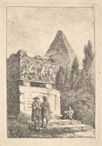 Tafel 6: Der Sarkophag: zwei Männer unterhalten sich nach links, ein anderer Mann sitzt und schläft, ca. 1763-64 von Hubert Robert