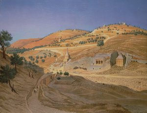 Hügelige Landschaft mit Arabern und einem zerstörten Tempel