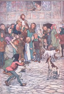 Warum bellen deine Hunde so? Gibt es Bären in der Stadt?, Illustration aus Die lustigen Weiber von Windsor, 1910 von Hugh Thomson