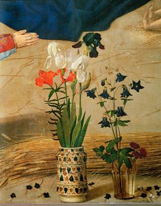 Vase mit weißen, roten und blauen Lilien und Iris von Hugo van der Goes
