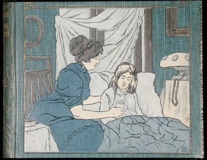 Eine Mutter pflegt ihre kranke Tochter, vom Umschlag eines Familienmedizinbuchs, ca. 1900