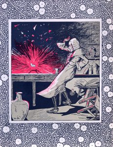 Ein Alchemist des 18. Jahrhunderts auf der Suche nach dem Stein der Weisen, erschafft einen Embryo oder Homunkulus mit einem Topas, aus 