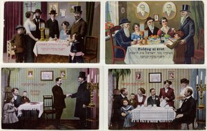 Postkarten, die die jüdische Familie an Rosch Haschana darstellen von Hungarian School
