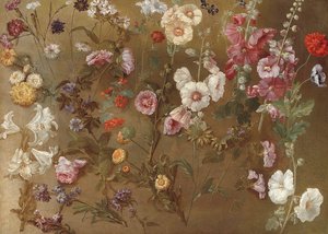 Komposition von Blumenstudien einschließlich Nelken, Skabiosen, Seifenkraut, Malven; Stockrosen, Afrikanische Ringelblumen, Vergissmeinnicht