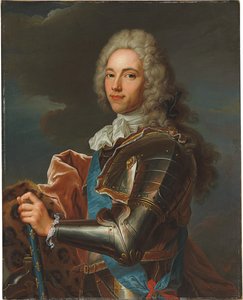 Porträt des Duc de Broglie, mit Schärpe des Ordens des Heiligen Geistes, mit Marschallstab von Frankreich von Hyacinthe Francois Rigaud