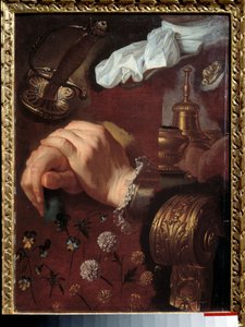 Studie von gekreuzten Händen, Stoffen, Blumen, Glocke, Degen