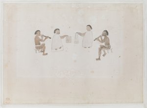 Musiker von Tahiti. Vier Tahitianer, zwei im Mare gekleidet, spielen die Nasenflöte; zwei im Tiputa gekleidet, schlagen Trommeln. Aufgezeichnet im Tagebuch von Joseph Banks I, 290
