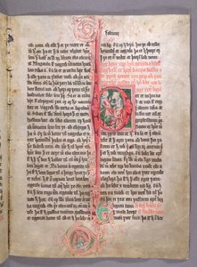 Historiierte Initiale P, die zwei Kaufleute darstellt, aus dem Anfang des Abschnitts über den Handel, aus Skarosbok (Das Buch von Skard) ca. 1350