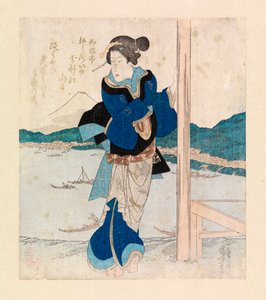 Geisha auf dem Balkon eines Kirschbaum-Pavillons, ca. 1830 (Farbholzschnitt)