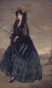 Frau mit Mantilla, Blumen und Fächer