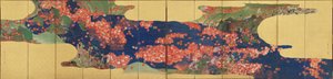 Ahornblätter auf einem Bach, sechsteilige Leinwand, Edo-Periode, 1856-58 von Ikeda Koson
