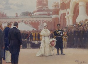 Nikolaus II. empfängt Bezirksälteste am 18. Mai 1896 im Hof des Petrowski-Palastes in Moskau, 1897 von Ilya Efimovich Repin