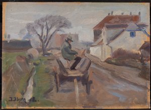 Der Maler Ølund Hansen sitzt in einem Wagen und malt