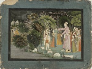 Nanda bittet Radha, Krishna nach Hause zu begleiten, aus dem Gita Govinda, Garhwal, Pahari-Schule, 1790