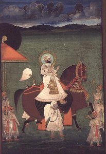 AS10 Album 43 Nr.4514 Kat. Nr. 514 iii Rana Sarup Singh (1842-61) von Mewar reitet auf einem kastanienbraunen Hengst, seine Gefolgsleute zu Fuß tragen Sonnenschirme und königliche Insignien, Udaipur, ca. 1855 von Indian School