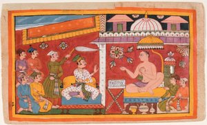 Ein Jain-Lehrer empfängt einen Prinzen und sein Gefolge