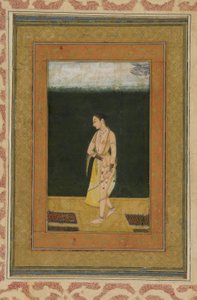 Eine Dame geht in einem Garten spazieren, Albumblatt mit Malerei, ca. 1730 von Indian School