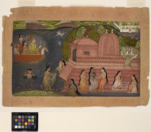 Ein Raja, der von einem Boot aus jagt, trifft auf badende Schönheiten bei einem Tempel, ca. 1695 von Indian School