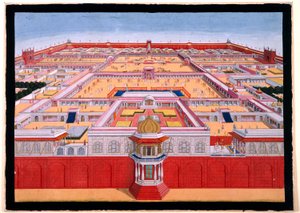 Vogelperspektive des Roten Forts in Delhi von Osten, zeigt einen Kaiser, wahrscheinlich Shah Alam (1759-1806), der den Diwan-i-Khas betritt, ca. 1780-90 (Deckfarben)