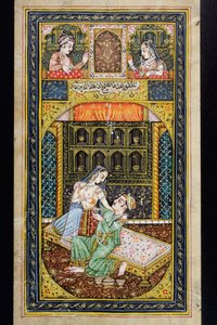 Ein Mann umwirbt eine Frau in einer luxuriösen Umgebung, Rajasthani-Miniaturmalerei