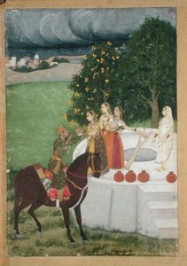 Ein berittener Prinz erhält Wasser von Damen an einem Brunnen, Miniatur aus Murshidabad, ca. 1760