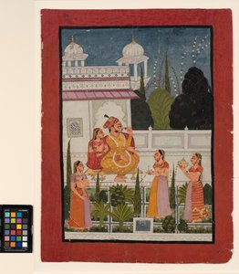 Ein Raja auf einer Terrasse mit seiner Rani, begleitet von drei Frauen, spätes 18. Jahrhundert von Indian School