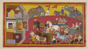 Die Streitwagen von Vasistha und den Prinzen, begleitet von verschiedenen Ministern und Leuten, betreten die Stadt Nandigrama. von Indian School