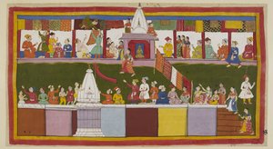 Add 15296 (1) f.16r, In der Hauptstraße der Stadt Ayodhya dekorieren die aufgeregten Händler ihre Geschäfte mit ihren feinsten Brokaten, während die Menschen auf die Dächer der Häuser und über die Tempel klettern, um den besten Blick auf die Krönungsprozes