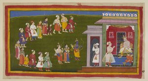 Rama und Laksmana, wie zuvor gekleidet, aber bewaffnet mit Schwert, Bogen und Pfeilen, begleitet von Sita, gehen demütig durch die Straßen, die von trauernden Menschen gesäumt sind, zum Palast ihres Vaters. Sumantra kündigt sie dem thronenden Dasaratha an.