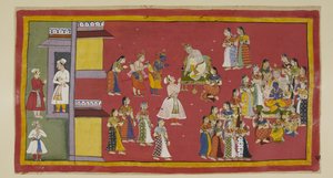 Add 15296 (1) f.50r, Dasaratha hatte zuvor Sumantra befohlen, seine Königinnen und alle seine Frauen zu rufen, die nun den König umgeben, als Sumantra die Verbannten hereinbringt, um sich zu verabschieden. Dasaratha versucht, Rama davon abzuhalten, in den 