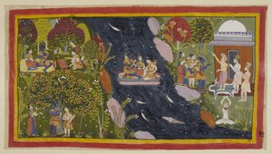 Bharadvāja, rechts in seiner Einsiedelei, berät die Reisenden über den Weg nach Citrakuta. In der Mitte überqueren sie die Yamuna auf einem improvisierten Floß, wobei Sita erneut zur Göttin des Flusses für eine sichere Rückkehr betet
