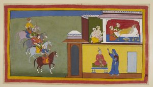 Die vier Boten zu Pferd nähern sich der Stadt Kekaya, während Diener versuchen, Bharata zu wecken, der beunruhigende Träume über seinen Vater hatte. In einem von ihnen, unten gezeigt, ist der König schlicht gekleidet und sitzt auf einem eisernen (hier blau