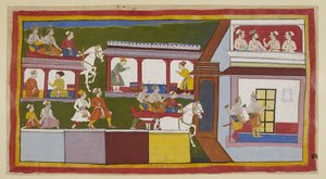 Die Prinzen fahren in ihrem Streitwagen durch die Hauptstraße von Ayodhya, wundern sich über die Veränderung in der Stadt seit ihrem Weggang und betreten dann den Palast mit fragenden Gesten. In einem oberen Raum unterhalten sich ein Brahmane und drei Mini