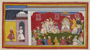 Dasaratha sitzt auf seinem Thron im vollen Durbar, mit Rama und Laksmana, die neben ihm knien, während der Bote, den Bharata vom Hof seines Großvaters geschickt hat, dem König erzählt, wie fleißig seine anderen beiden Söhne studieren. Ein Ring von C