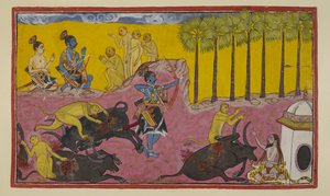Sugriva und seine Affen, oben links zu sehen, erzählen Rama und Laksmana die Geschichte von Bāli und Dundubhi. Bāli war so mächtig, dass er den Dämon Glied für Glied zerreißen und dann die Leiche in die Luft schleudern konnte.