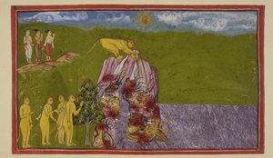 An den Ufern des großen Ozeans waren die Affen bestürzt, wie sie ihn überqueren könnten, um Laṅkā zu erreichen. Angada fragte sie alle, wie weit sie springen könnten, aber keiner war zuversichtlich, so weit zu springen, bis Jāmbavān Hanuman drängte.