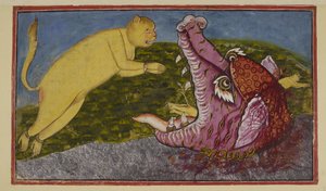 Die Mutter der Schlangen Surasā, die am Grund des Ozeans lebt, wird von den Göttern gedrängt, Hanuman zu testen, und hat sich in ein großes Seeungeheuer mit mächtigen Kiefern, rot, lila und mit Zähnen verwandelt.