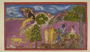 Sugriva erzählt Rama, dass er gesehen hat, wie Sita von Ravana in einem Streitwagen entführt wurde, kämpfend und die Namen von Rama und Laksmana rufend. Als sie ihn unten sah, ließ sie ihre Juwelen und ein Obergewand fallen. Sugriva rennt zu einer Höhle.
