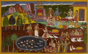 Agastya überreicht Rāma ein göttliches Juwel, und dessen Erwerb wird unten erzählt