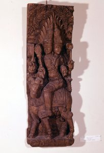 Agni, Feuergott, dargestellt mit zwei Köpfen (bizephal) auf einem Widder, nach der hinduistischen Mythologie. Holzskulptur aus dem 17. Jahrhundert. Paris, Musée Guimet. von Indian School