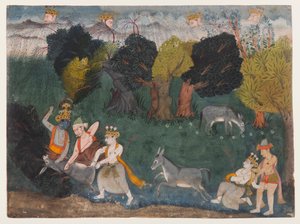 Balarama tötet den Esel-Dämon, Seite aus einer verstreuten Bhagavata Purana Serie, ca. 1725